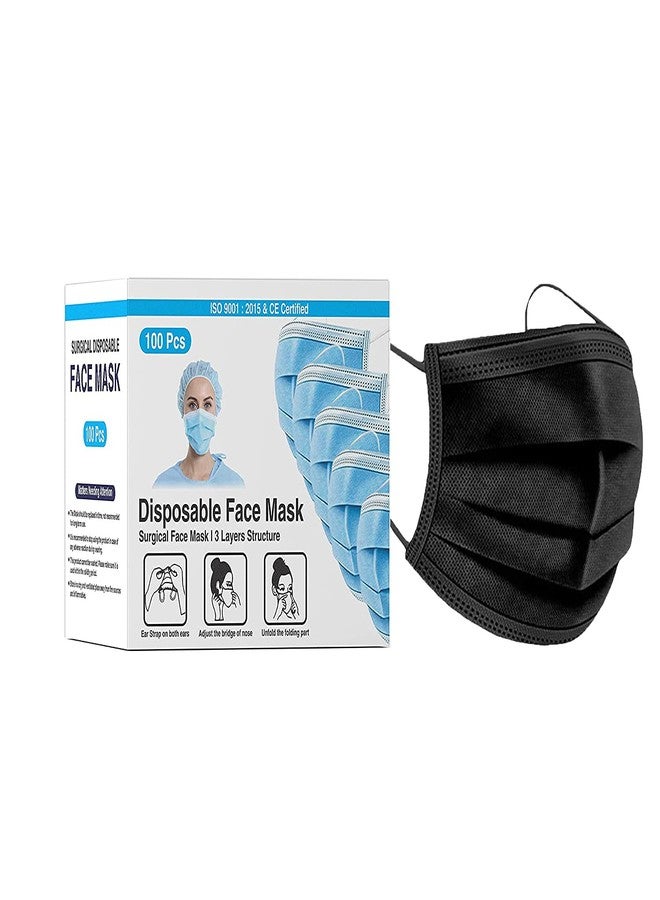DALUCI Nonwoven Fabric 3 Layer Disposable Surgical Face Mask With Nose Clip (Black, Without Valve, Pack Of 100) - Image 1